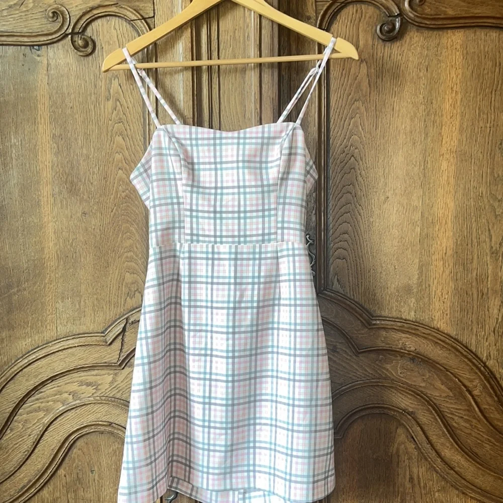 French Connection Yaki Whisper Gingham Sweetheart Tie Back Detail Mini Dress - Picture 7 of 12